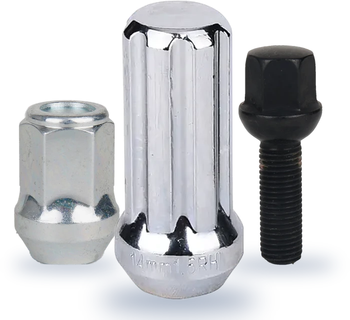 Chrome spline-drive lug nut in front of a zinc-plated bulge acorn lug nut and a black zinc ball-seat lug bolt